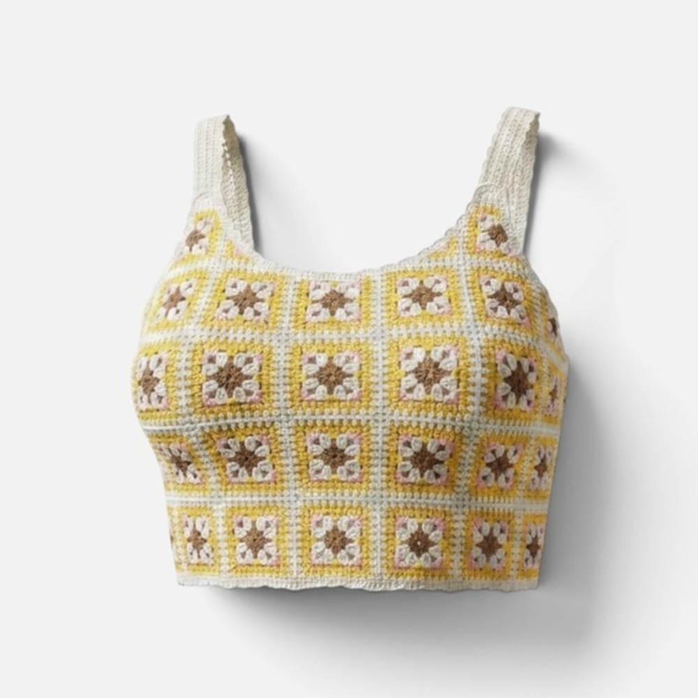 New In Crochet Granny Square Crop Top Yellow Brown Boho Tank NT11588 S/M